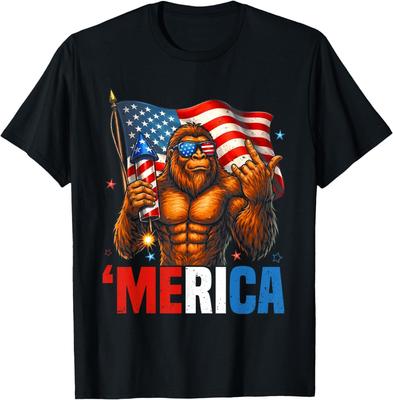 Bigfoot Merica Rock Patriotic USA Flag 4th of July T-Shirt