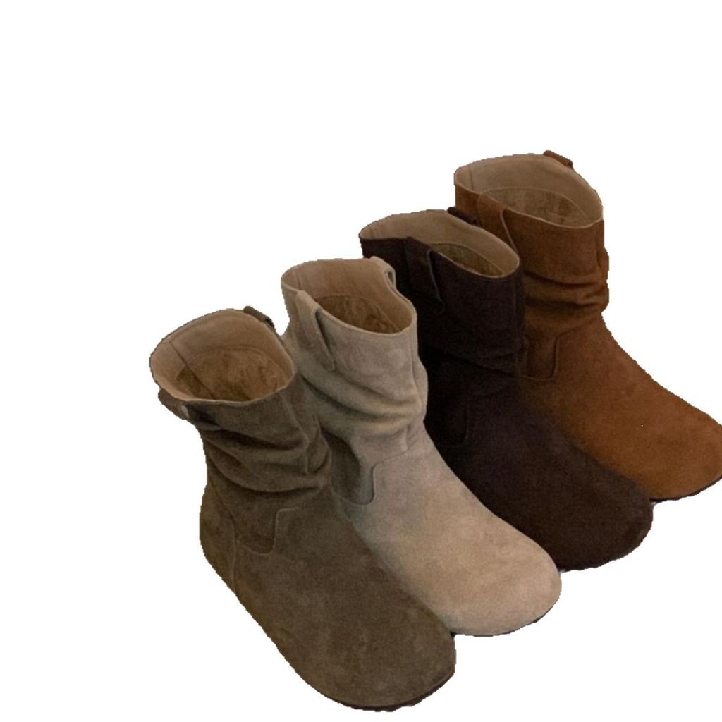 Retro pleated Maillard short boots, new casual and thin short tube inner heightening stacking boots, Martin boots