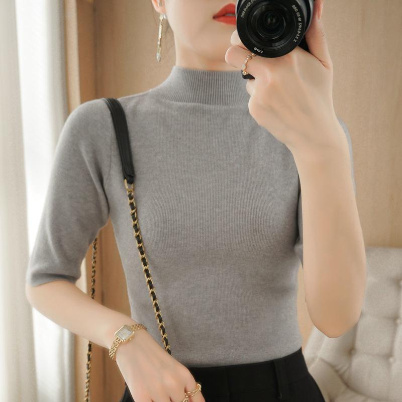 Women's Slim Fit Autumn Knit Sweater with Half High Neck & Mid-Sleeves