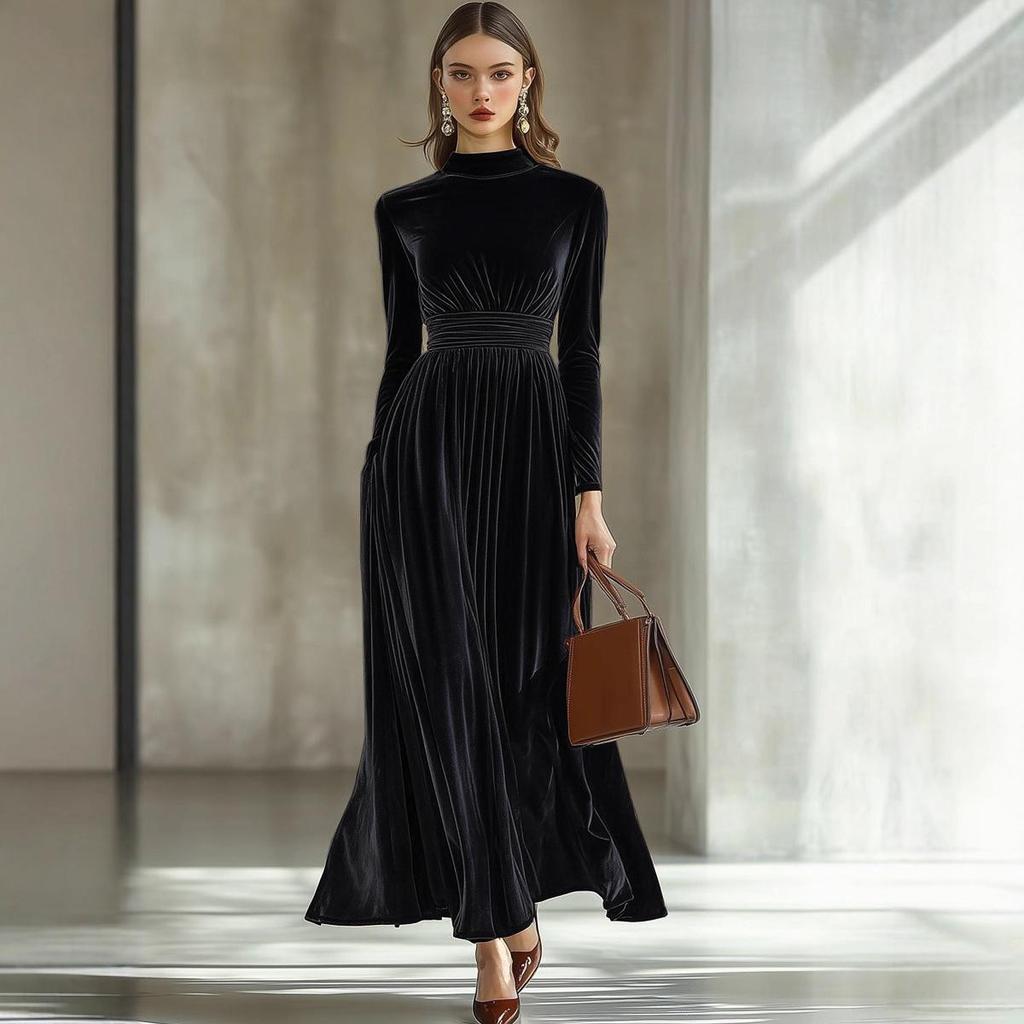 Women's Elegant Gold Velvet Long-Sleeve Dress with Cinched Waist and Flared Hem for Autumn/Winter