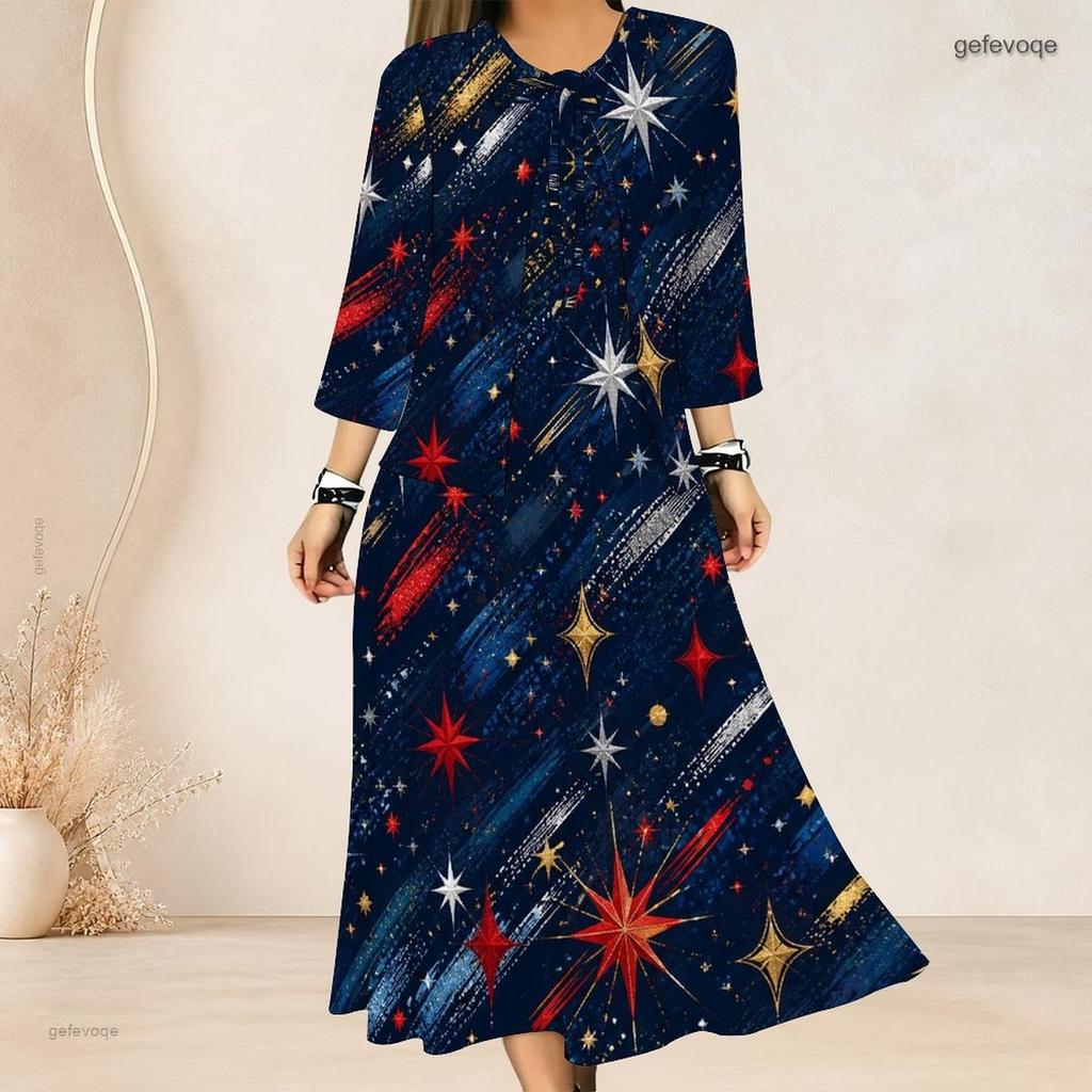 Women Plus Size Two Piece Outfit Three Quarter Sleeve Cardigan Sleeveless Star Stripe Printed White Long Dress