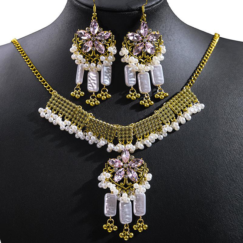 Bohemian Crystal Jewelry Set Fashion Vintage Ethnic Gemstone Tassel Necklace Earrings Set