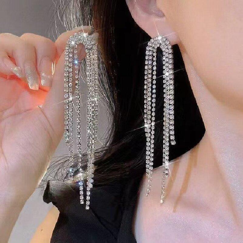 

Shiny Full Rhinestone Drop Earrings For Women Fashion Exaggerated Long Tassel Earring Bridal Wedding Evening Party Ear Zircon