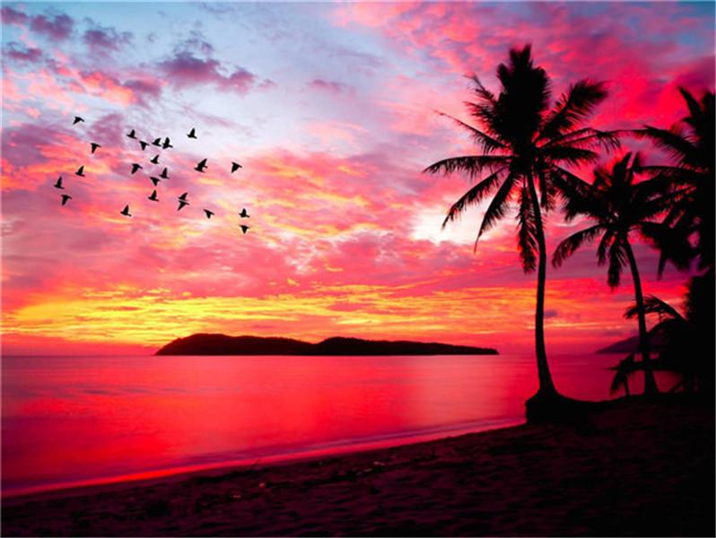Diamond Painting New Sunset 5D DIY Diamond Embroidery Sale Seaside Landscape Tree Pictures Of Rhinestones Mosaic Wall Art