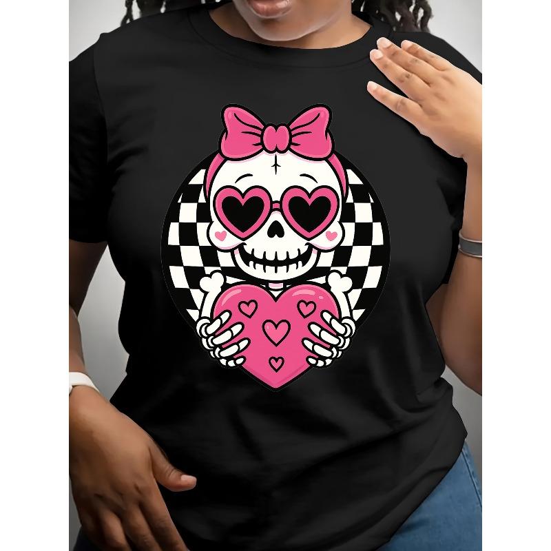 Little Skeleton and Heart Lady Short-sleeved, Round-neck Short-sleeved S T-shirt, Women's Clothing, Summer Women's Clothing