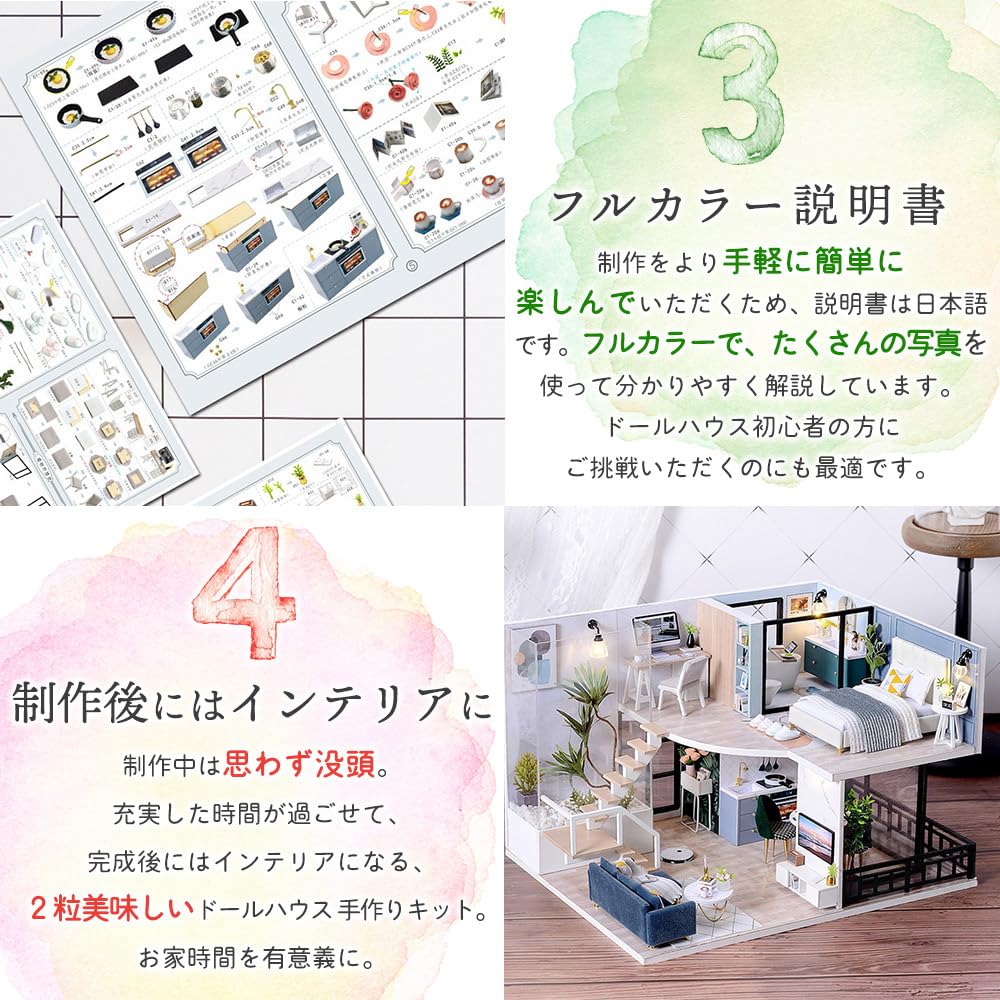 moin moin [Japanese Instructions] 1/24 Dollhouse Miniature DIY Kit Set | Two-Story Model Room Style Chic Gray Medium Size | LED Light + Acrylic Case +
