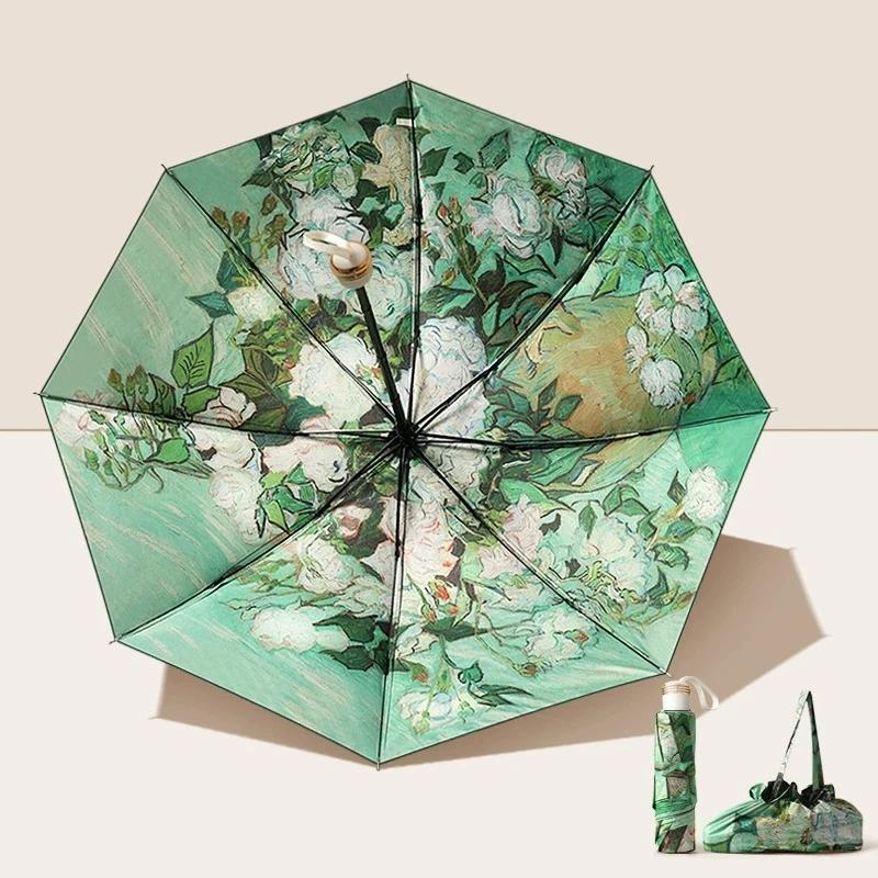 UPF50+ Folding Umbrella Double Layer Sun Rain Umbrella With Storage Bag UV Protection Vinyl coating Parasol Sun Shade Umbrella