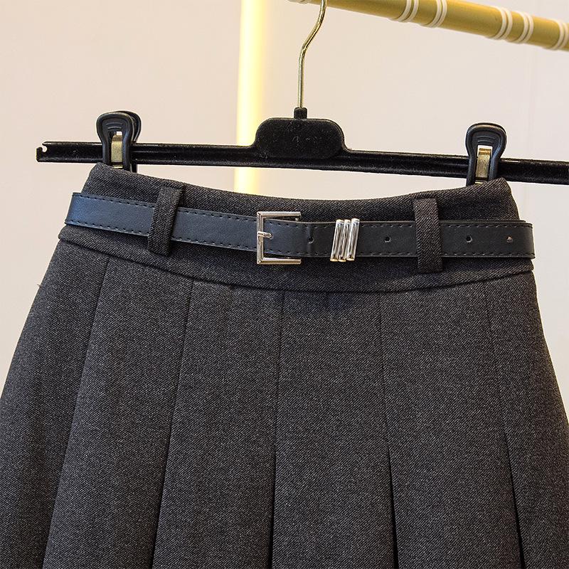 2026 Petite Plus Size Wool Pleated Midi Skirt - High Waist, Versatile School Style with Belt