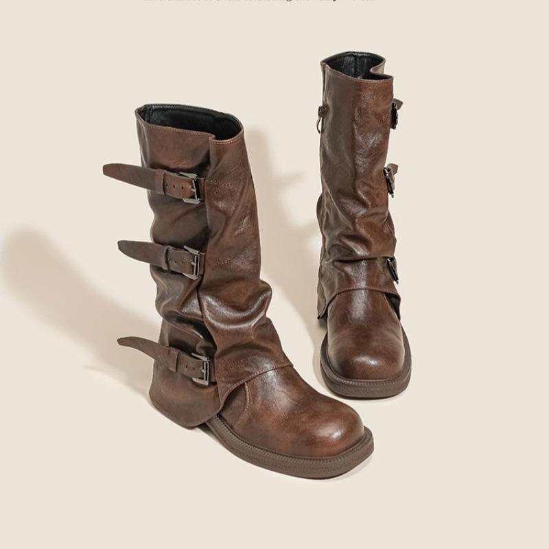 Medium Length Martin Boots Women's Small Pile Boots Women's Summer Brown Boots Thick-soled Wasteland West Cowboy Boots