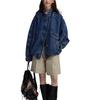 Women's Color-Block Bomber Jacket - Pre-owned Feel, Washed Denim Texture, Stand-up Collar