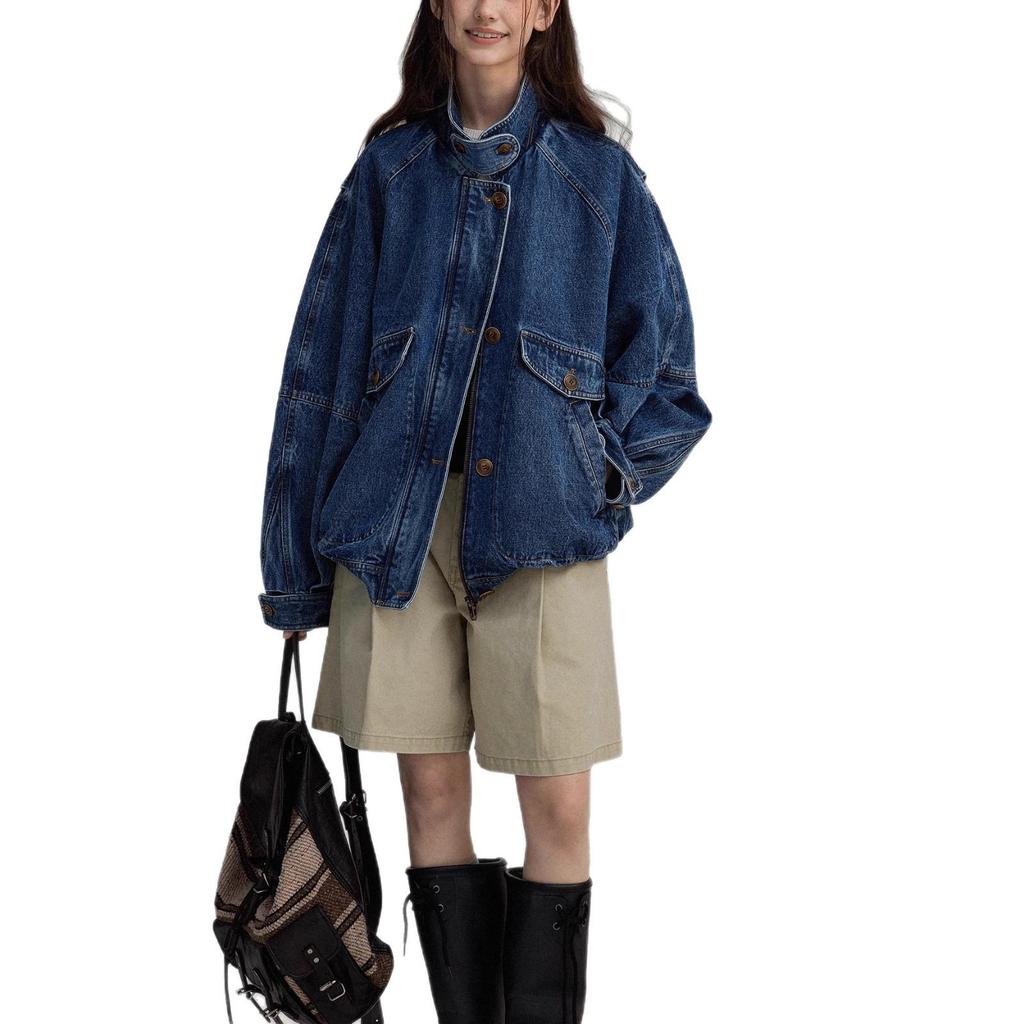 Women's Color-Block Bomber Jacket - Pre-owned Feel, Washed Denim Texture, Stand-up Collar