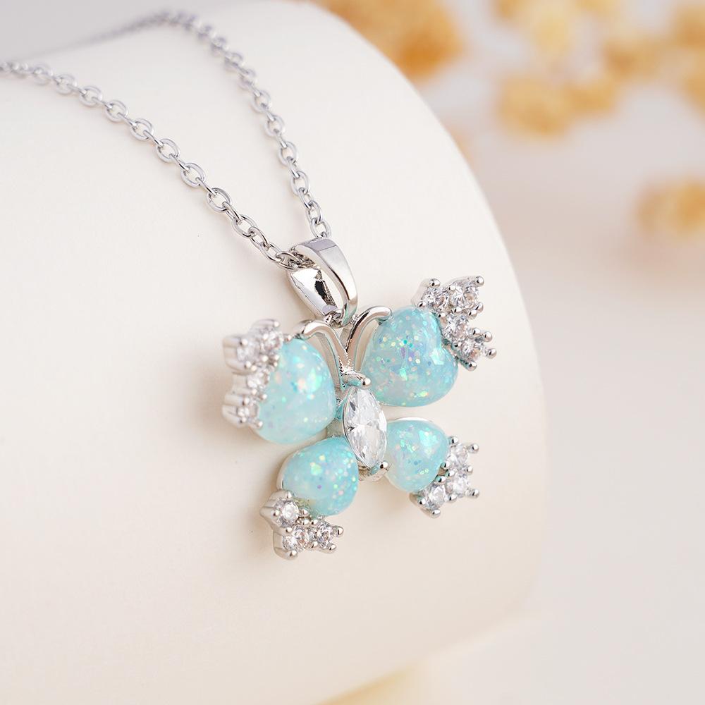 Colorful Resin Heart Zircon Butterfly Pendant Necklace for Women Girls Stainless Steel Chain Sweet Cute Collar Jewelry Gifts