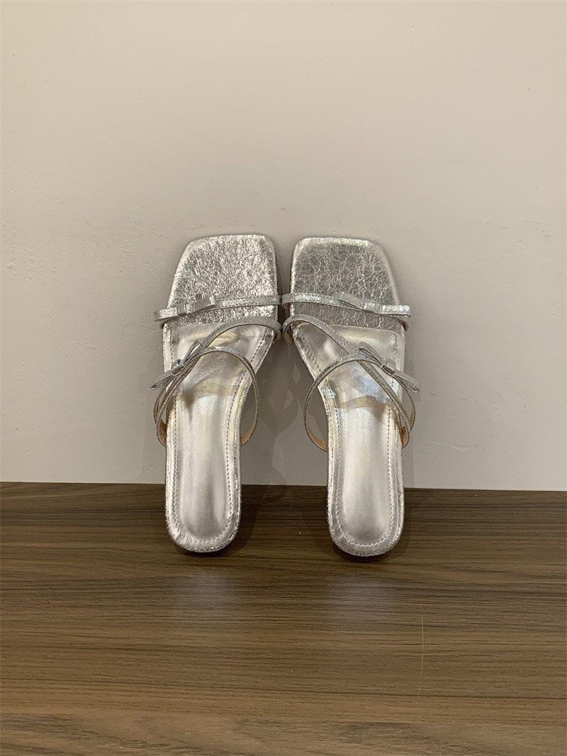 

French open-toed cool slippers female 2025 summer new pink with skirt fairy slope heel wearing beach Roman shoes 40 серебряный