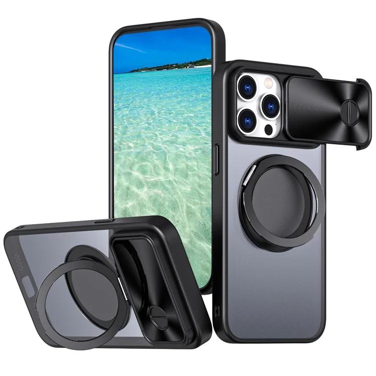 

For iPhone 13 Pro Max Case Magnetic Kickstand PC Phone Shell Built-in Sliding Lens Cover - Black