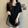 Women Asymmetrical Cut-out T-shirt with Chain Detail Crew Neck Short Sleeve Oversized Loose Fit Solid Color Tee