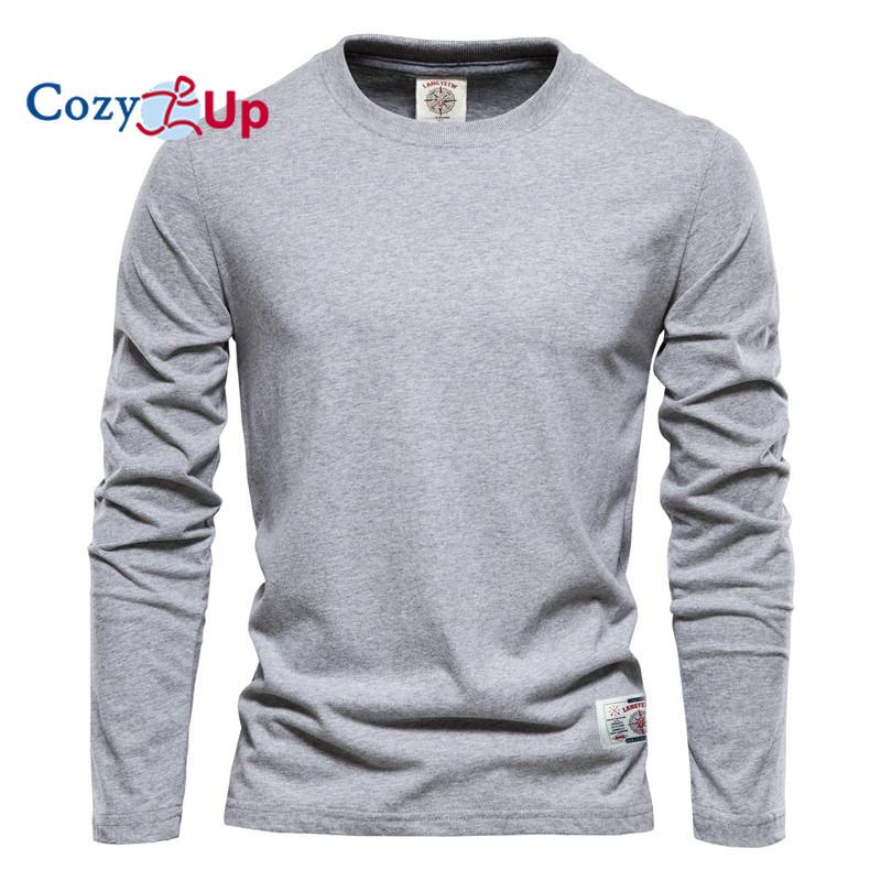 Ny Hyggelig Herre Langærmet Ensfarvet T-shirt Sport Yderbeklædning Rund Hals Bomuld Basis T-shirt