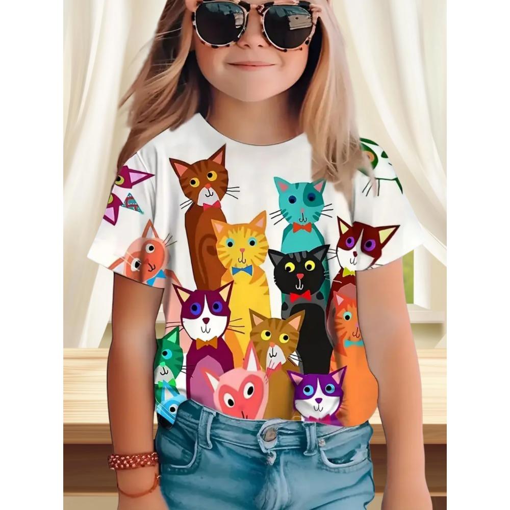 Children's Clothes Funny Cat Pattern 3D Print Summer Short Sleeve Tee Topstrendy Girl Clothes Round Neck Tops T-Shirts for Girls