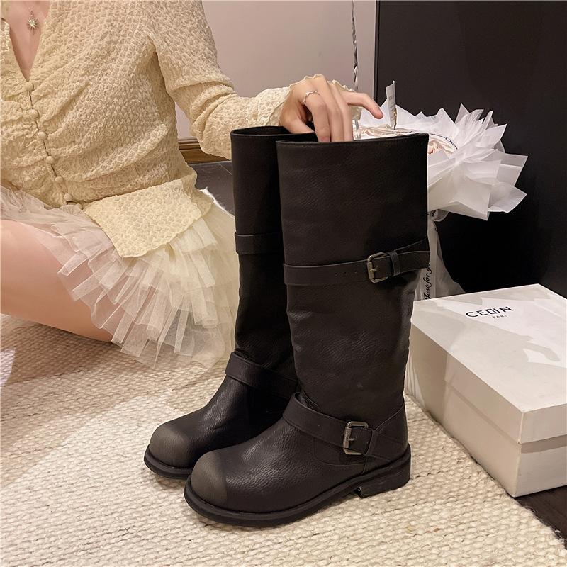Large Size Street-Stunning Hot Girl Vintage Faded Distressed Long Motorcycle Boots For Women, Autumn/Winter Chunky Heel Workwear Knee-Length Boots