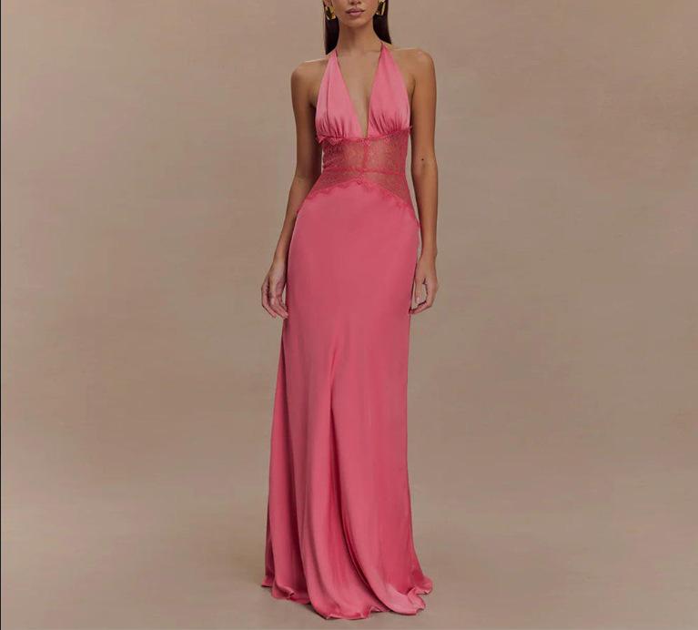 2025 Summer Elegant Deep V Silk Satin Halter Waist-Cinching Long Dress