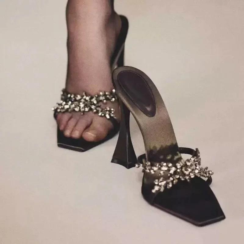 Summer Women's High Heel Sandals Cross Rhinestone Square Head Open Toe Sandals Silk Sexy Stiletto High Heels Mules