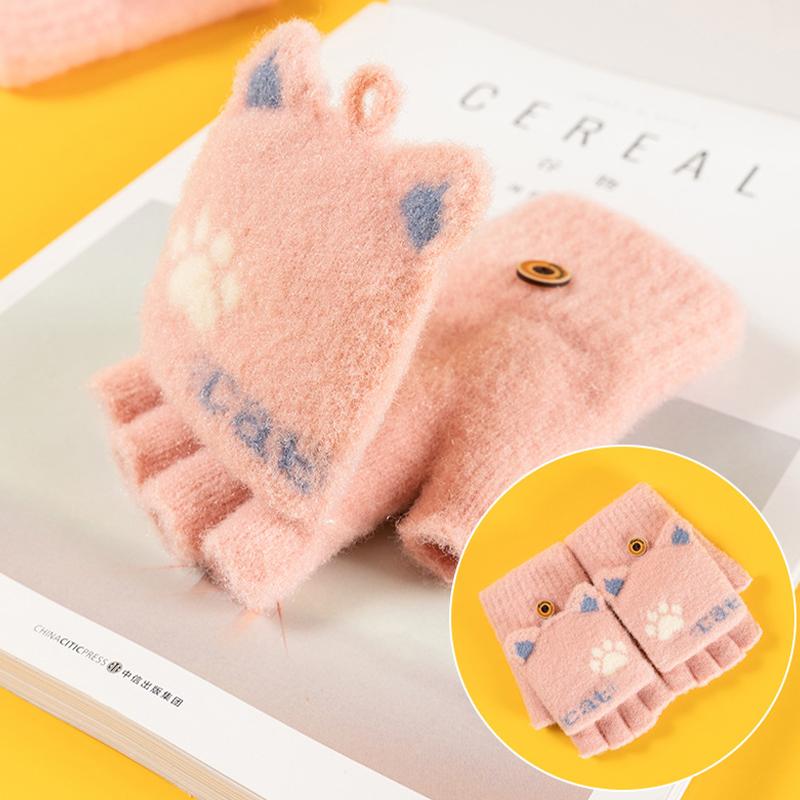 Handschuhe für Damen, Winter, süße Cartoon-Halbfinger-Flip-up-warme Student-Schreib-Strickhandschuhe