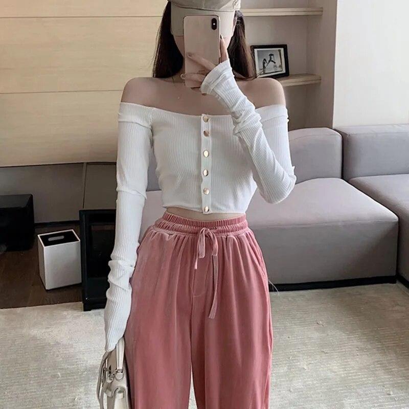 Mode Slash cou femmes bouton T-shirt mince à manches longues T-shirt automne couleur unie dames court hauts