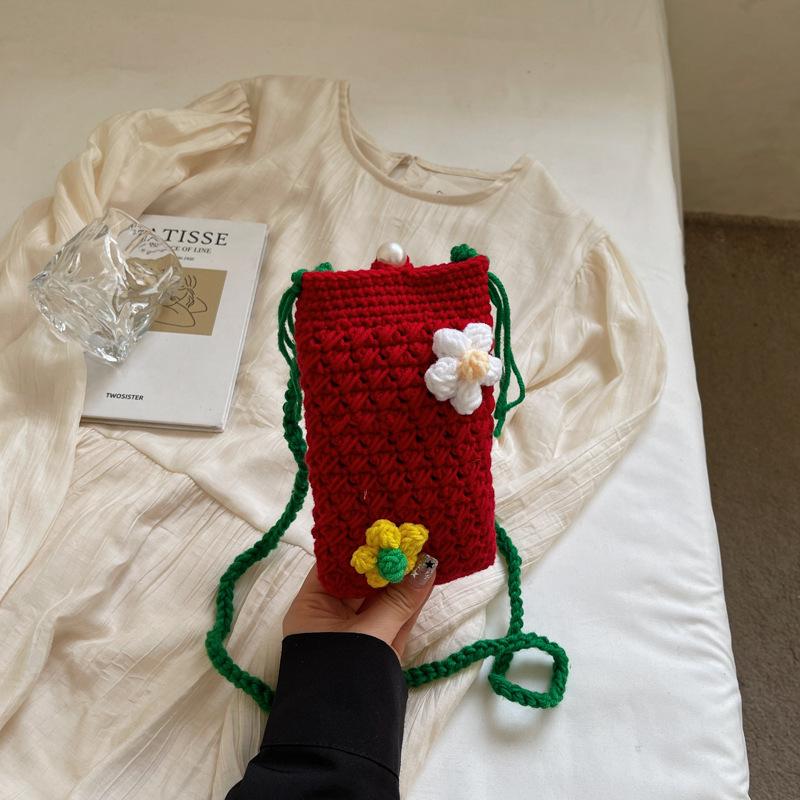 

Small bag women s summer new knitted woven messenger bag mobile phone bag бордовый