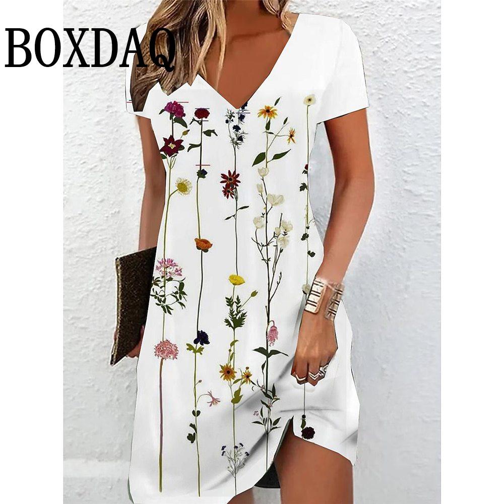 

Vintage Print Womens Dresses Casual V-Neck Summer Dresses For Women Short Sleeve Y2k Female Midi Dress Loose Sundress Vestidos S