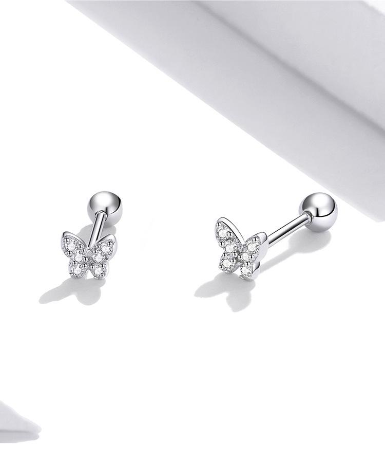 Sterling Silver S925 Simple Butterfly Earrings with White Gold Plated Zircon
