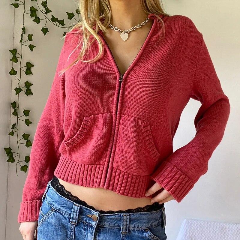 Damen Strick-Kapuzenpullover mit durchgehendem Reißverschluss, legere Pullover, einfarbig, langärmelig, Sweatshirts mit Kordelzug, Strickjacke, Reißverschluss, Y2K-Kleidung