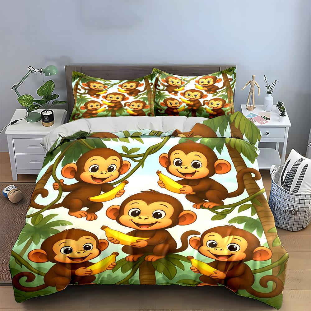 Cute Monkeys with Bananas Pattern Bedding Duvet Cover Set (1*Duvet Cover 2*Pillowcases, without duvet insert)