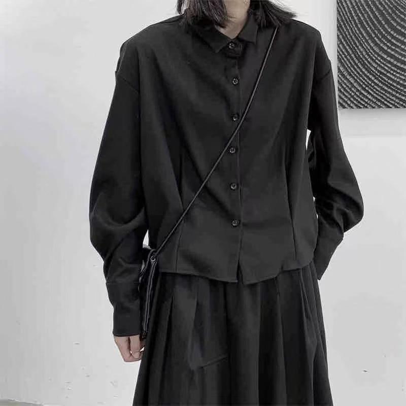 

Women s Dark Style Pleated Wool Shirt: Slimming, Loose, Short, Long-Sleeved Japanese Design for Autumn & Winter One Size чёрный