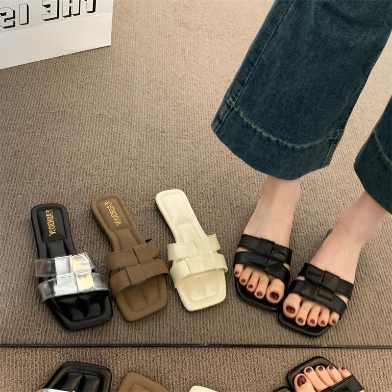 

Square-toed thick-heeled cool slippers for women s outer wear summer new fashion woven one-word beach slippers 35