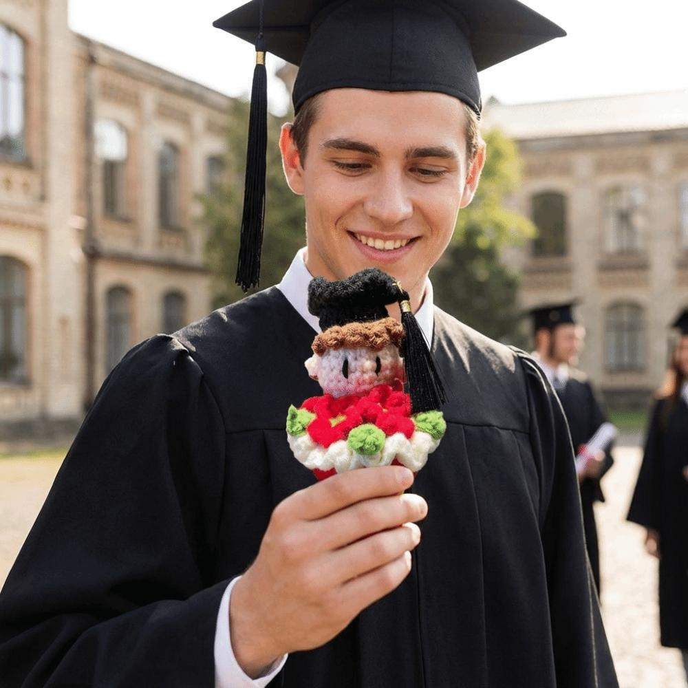 Funny Knitted Graduation Doll 13cm Cute Crochet Bouquet Kawaii Finished Craft Doctor Hat Bouquet Doll Students Gift