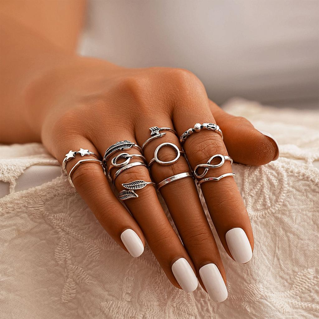 Bague Combinaison Promotionnelle, Ensemble de 12 Pièces de Bijoux Personnalisés Symbole Plume Feuille Étoile Infini.