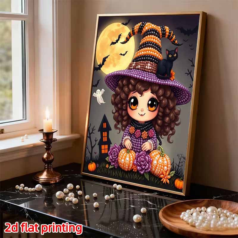 Pearl Painting DIY Kit Frameless Halloween Witch Cat Pumpkin Pattern Shiny Bead Art Canvas Creative Wall Decor Gift Craft Home