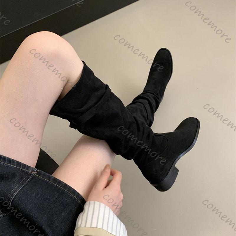 Fashion Comemore Suede Knight Boots Women 2025 New Autumn Retro Pleated Fashion Chunky Heeled Shoes for Women Solid Long Botas Femininas