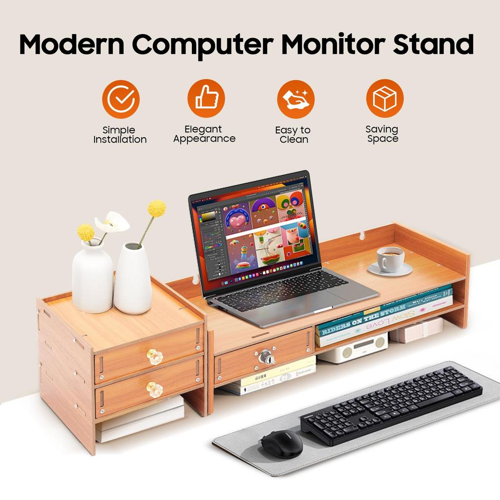 Wooden Monitor Stand with 3 Drawers, Lockable Drawer, Desk Riser Computer Monitor Stand for Office Home PC Laptop
