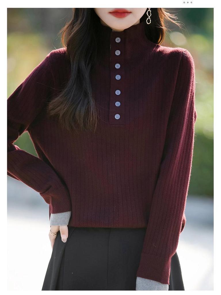 Women's Knitted Sweater with Turn-Down Collar - Two-Piece Illusion, Long Sleeve, Loose Fit, Slimming Design for Autumn/Winter.