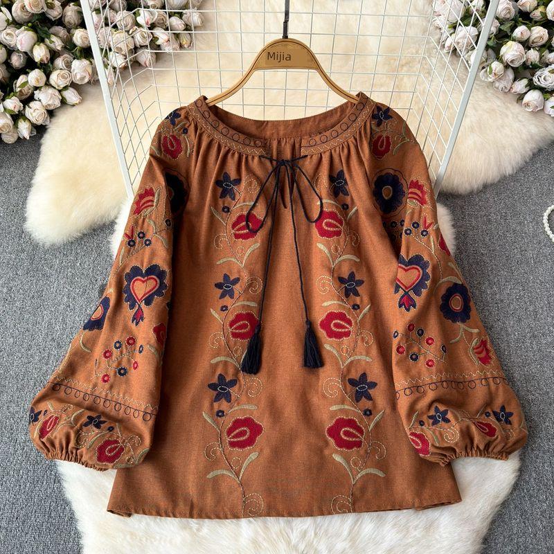 Retro Machine Embroidery Tops Women's 2024 Spring & Fall New V-neck Loose Slimming Lantern Sleeves Ethnic Style Shirt Fashion