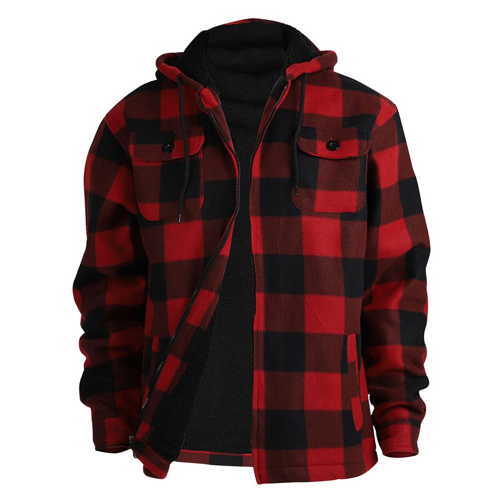 Men's Plaid Long Sleeve Shirt Men's Pocket Button Hooded Sweatshirt