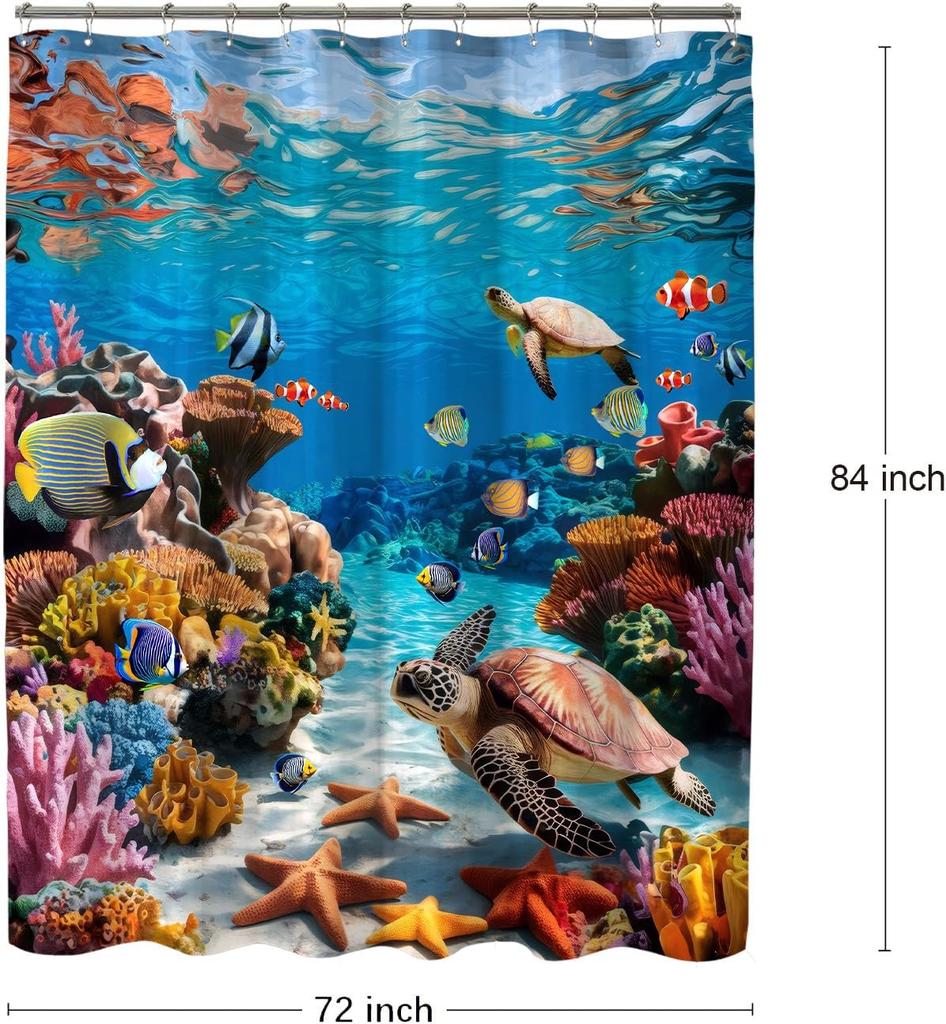 Sea Turtle Shower Curtain Ocean Beach Coastal Seaworld Marine Life Bathroom Curtain Set with Hooks Home Decoration