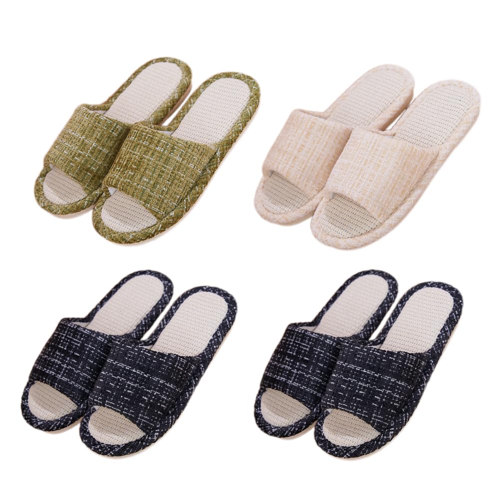 VNFIX Slippers 4 Pairs for Men and Room Quiet and Perfect for Guests or as a Gift Set, Women, Summer/Spring Shoes, Lightweight, Linen, Cute, Non-Slip,