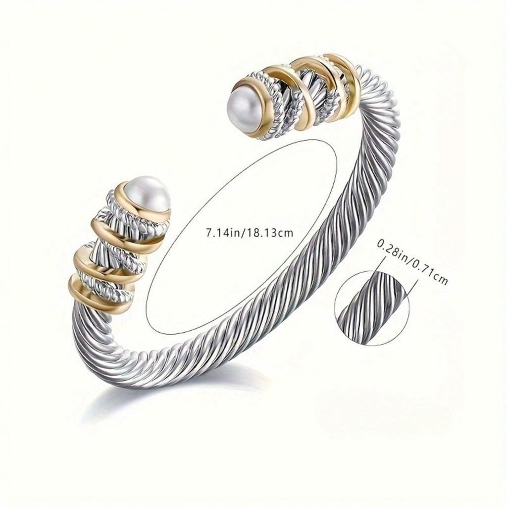 Bracciale Aperto in Acciaio Inossidabile a Doppia Torsione, Bracciale Universale da Uomo e Donna con Guscio Composito e Perla Sintetica