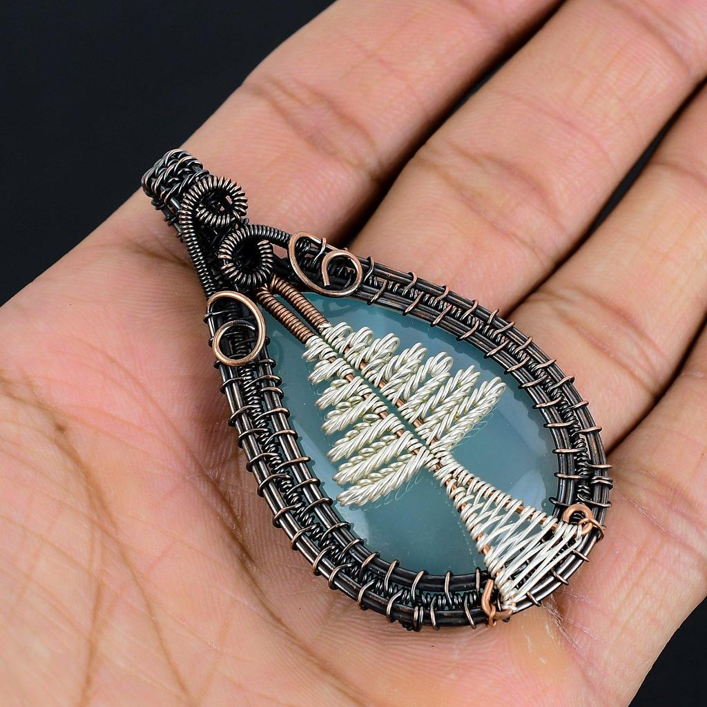 Aqua Chalcedony 999 Copper Wire Wrapped Pendant, Handmade Gemstone Tree Of Life Pendant Jewelry, Gifts For Wife Brand New Pendant