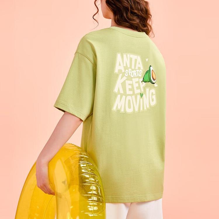 Anta Fruit Print Letter Round Neck Pullover Short Sleeve T-Shirt Women Tops Creek-Green 962328126-4