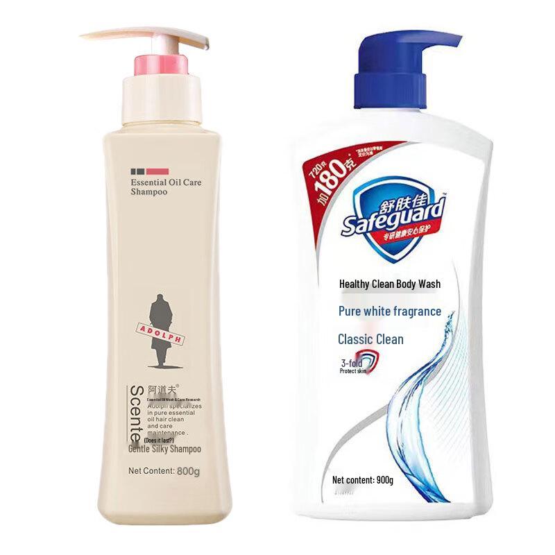 Adolph 800ml Silky Smooth Shampoo & Safeguard 900ml Shower Gel Bundle