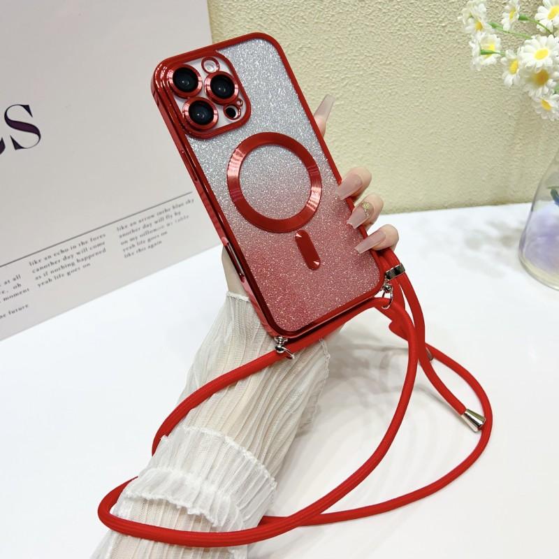 

Glitter Magnetic Case For iPhone 17 Pro Max 16 14 13 12 11 15 Plus Air Magsafe Shockproof Plating Strap Crossbody Lanyard Cover for iPhone 15Pro Max