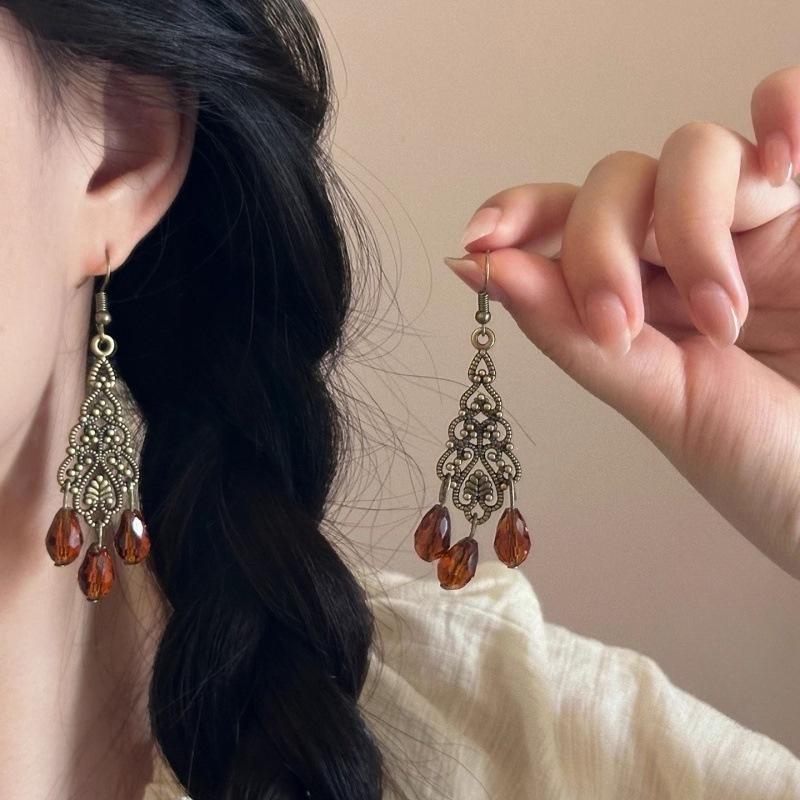 Women s Vacation Style Retro Long Tassel Earrings янтарь