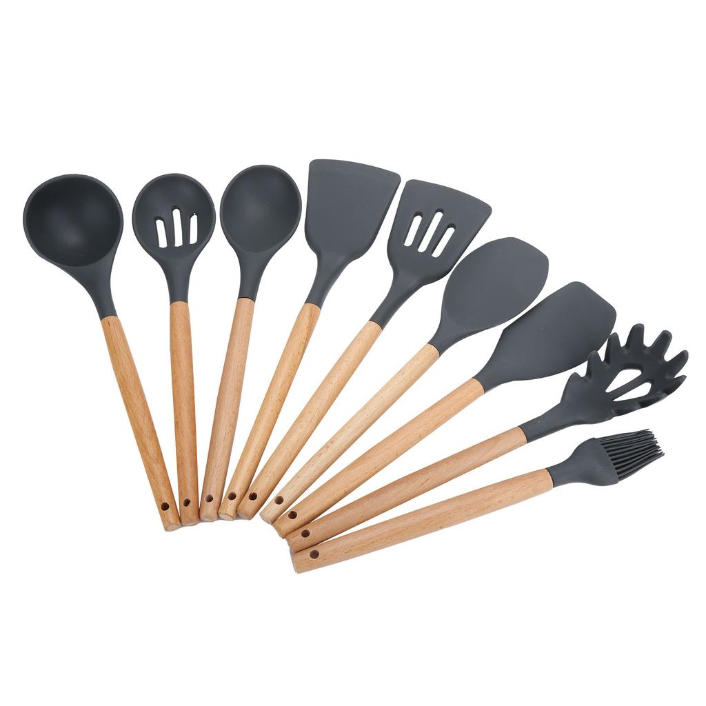 9Pcs Set Silicone Kitchenware Kit NonStick Cooking Utensils Baking Tool with Wooden Handle
